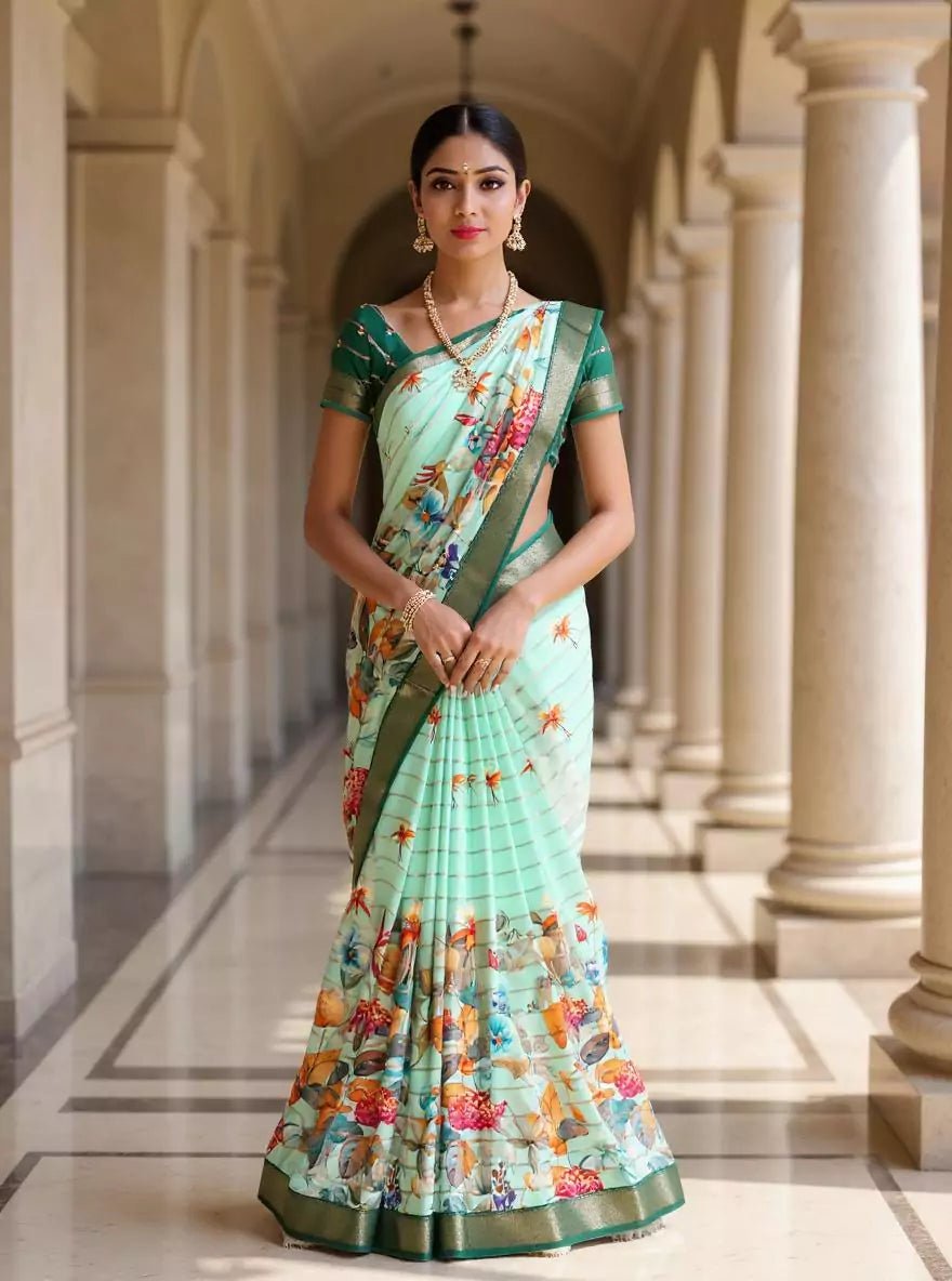 Image of Sea Green Floral Print Mangalagiri Dola Saree with Tussels - South India Shopping Mall