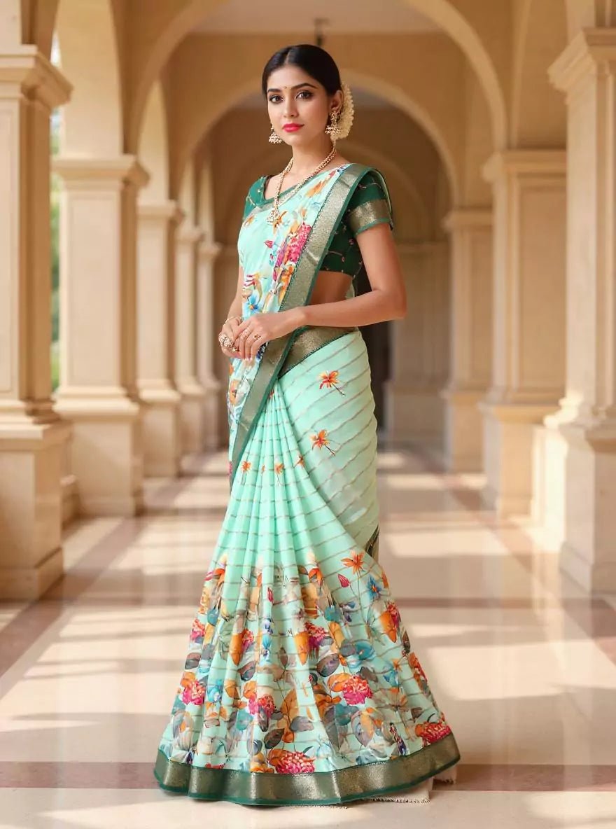 Image of Sea Green Floral Print Mangalagiri Dola Saree with Tussels - South India Shopping Mall