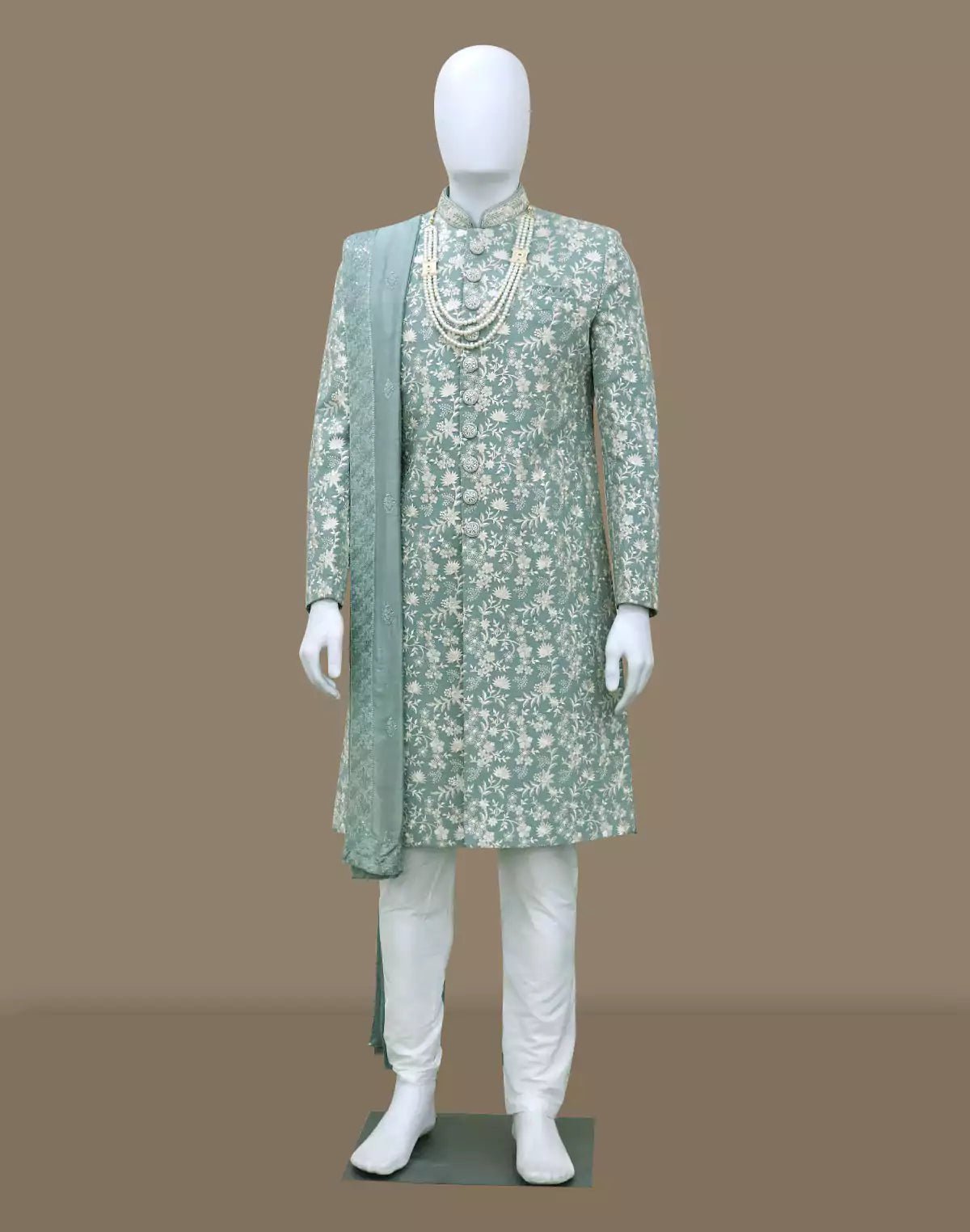 Image of Sea Green Floral Thread Embroidery work Georgette Indo - Western Set with Duppatta - South India Shopping Mall