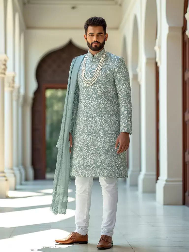 Image of Sea Green Floral Thread Embroidery work Georgette Indo - Western Set with Duppatta - South India Shopping Mall