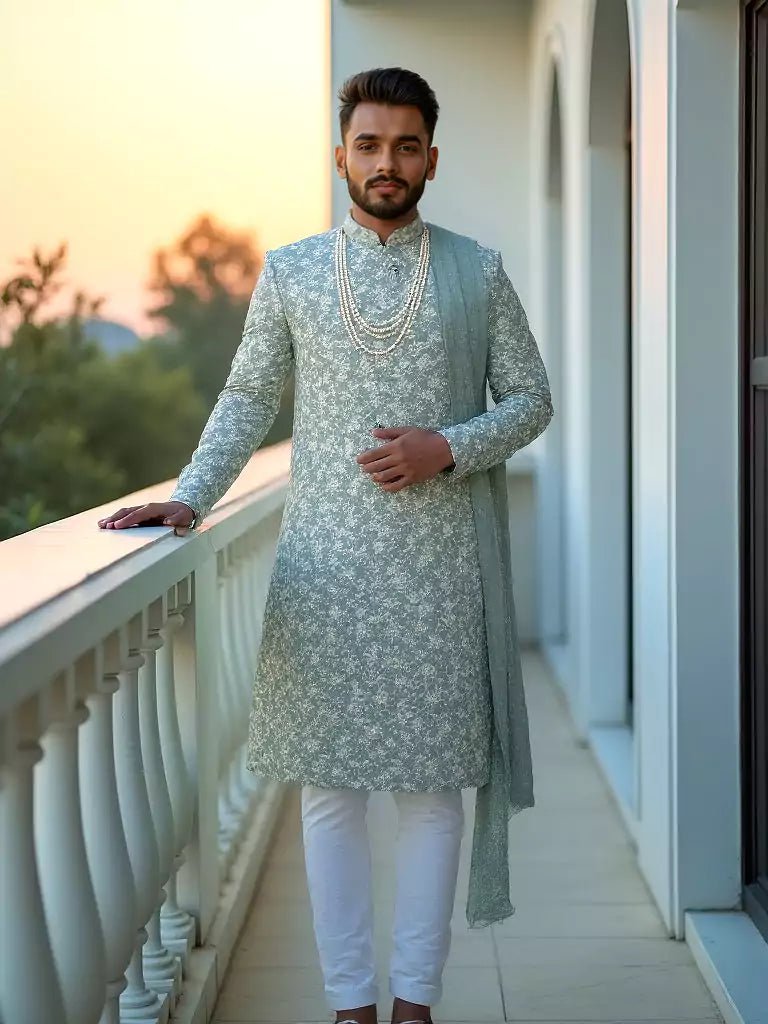 Image of Sea Green Floral Thread Embroidery work Georgette Indo - Western Set with Duppatta - South India Shopping Mall