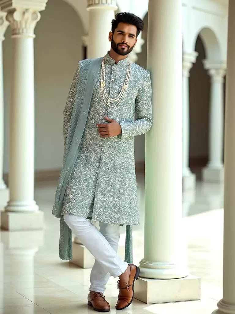 Image of Sea Green Floral Thread Embroidery work Georgette Indo - Western Set with Duppatta - South India Shopping Mall