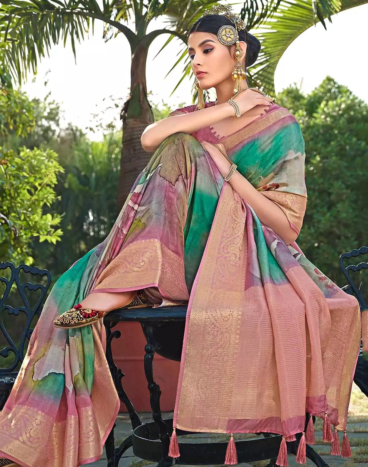 Image of Sea Green Graphic design Soft Dola Silk Saree - South India Shopping Mall