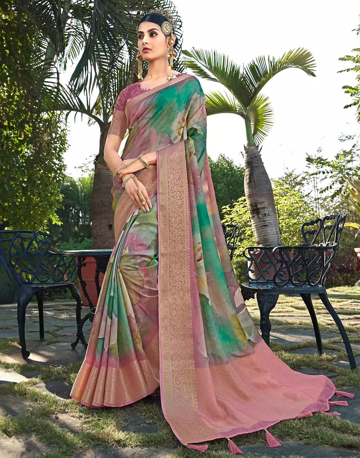 Image of Sea Green Graphic design Soft Dola Silk Saree - South India Shopping Mall
