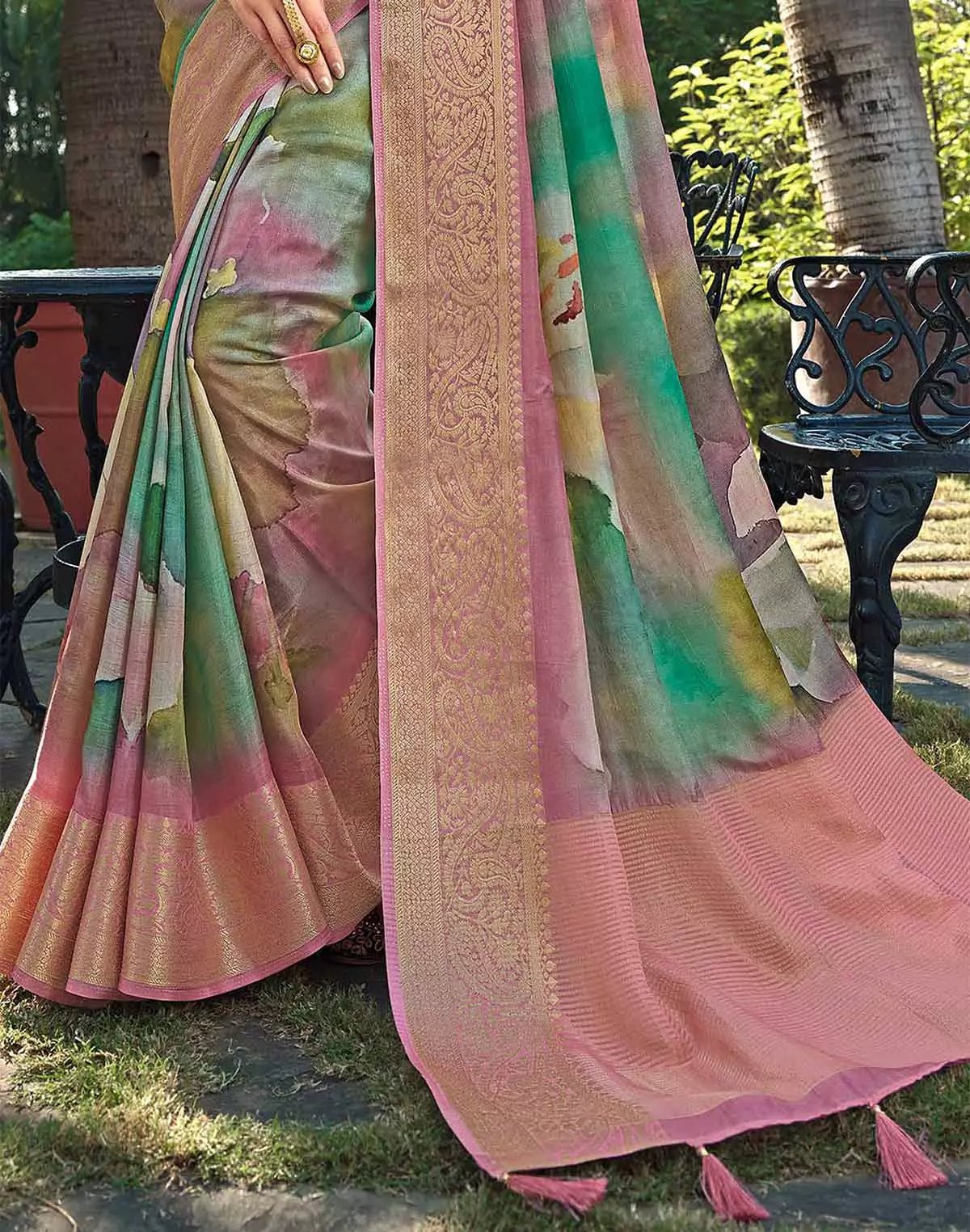 Image of Sea Green Graphic design Soft Dola Silk Saree - South India Shopping Mall