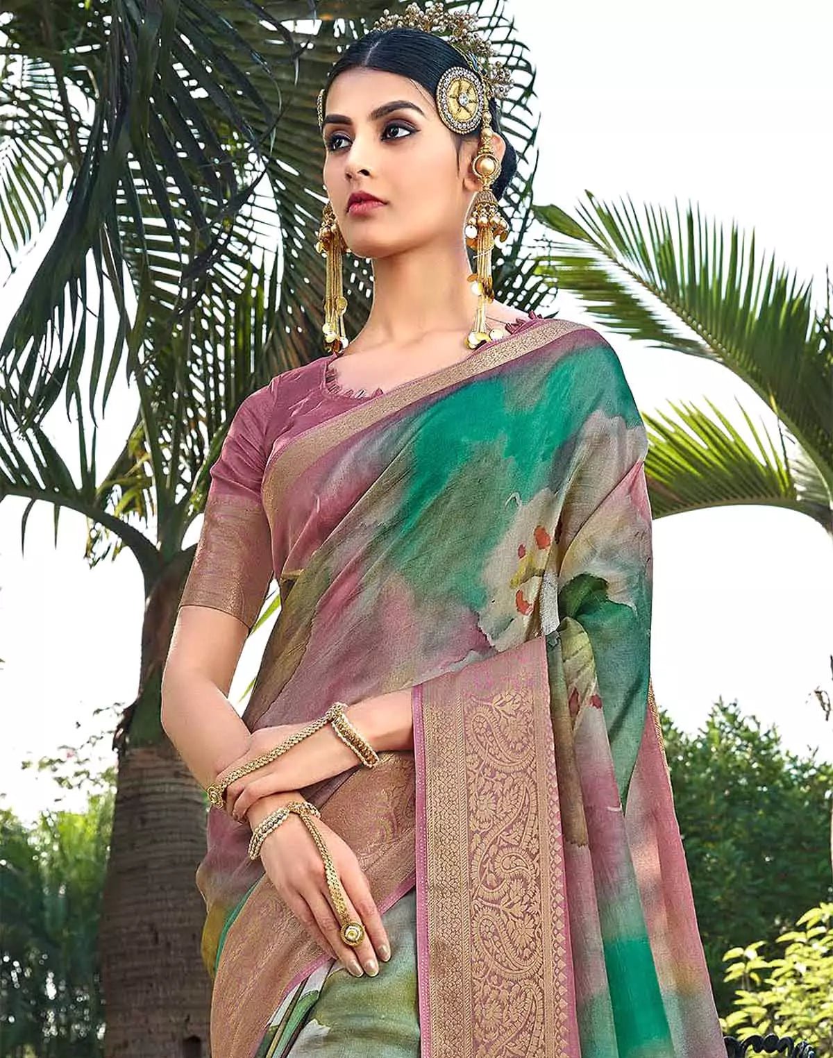 Image of Sea Green Graphic design Soft Dola Silk Saree - South India Shopping Mall