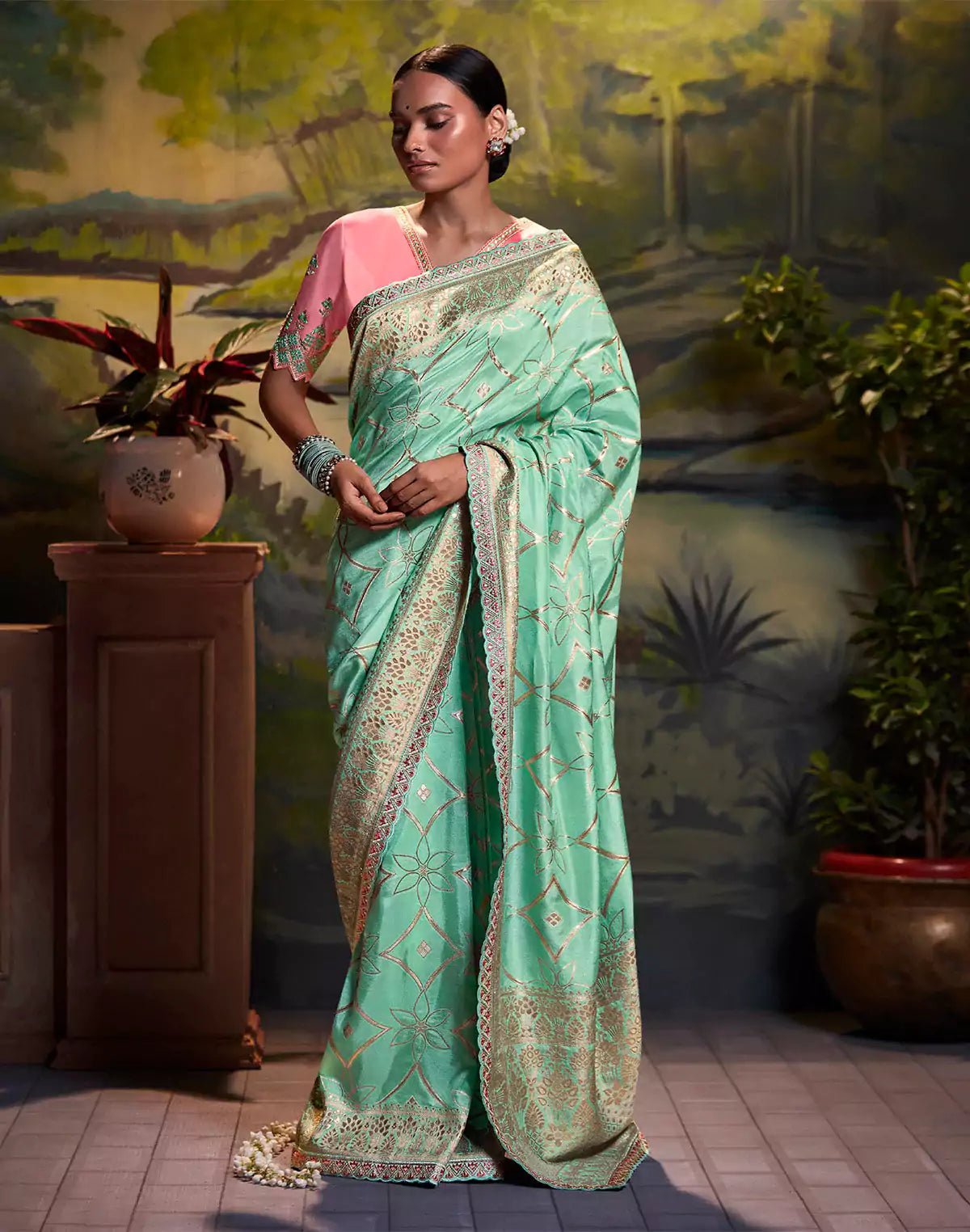 Image of Sea Green Pure Dola Silk Saree With Fancy Lace Border and Embroidery Work Blouse - South India Shopping Mall