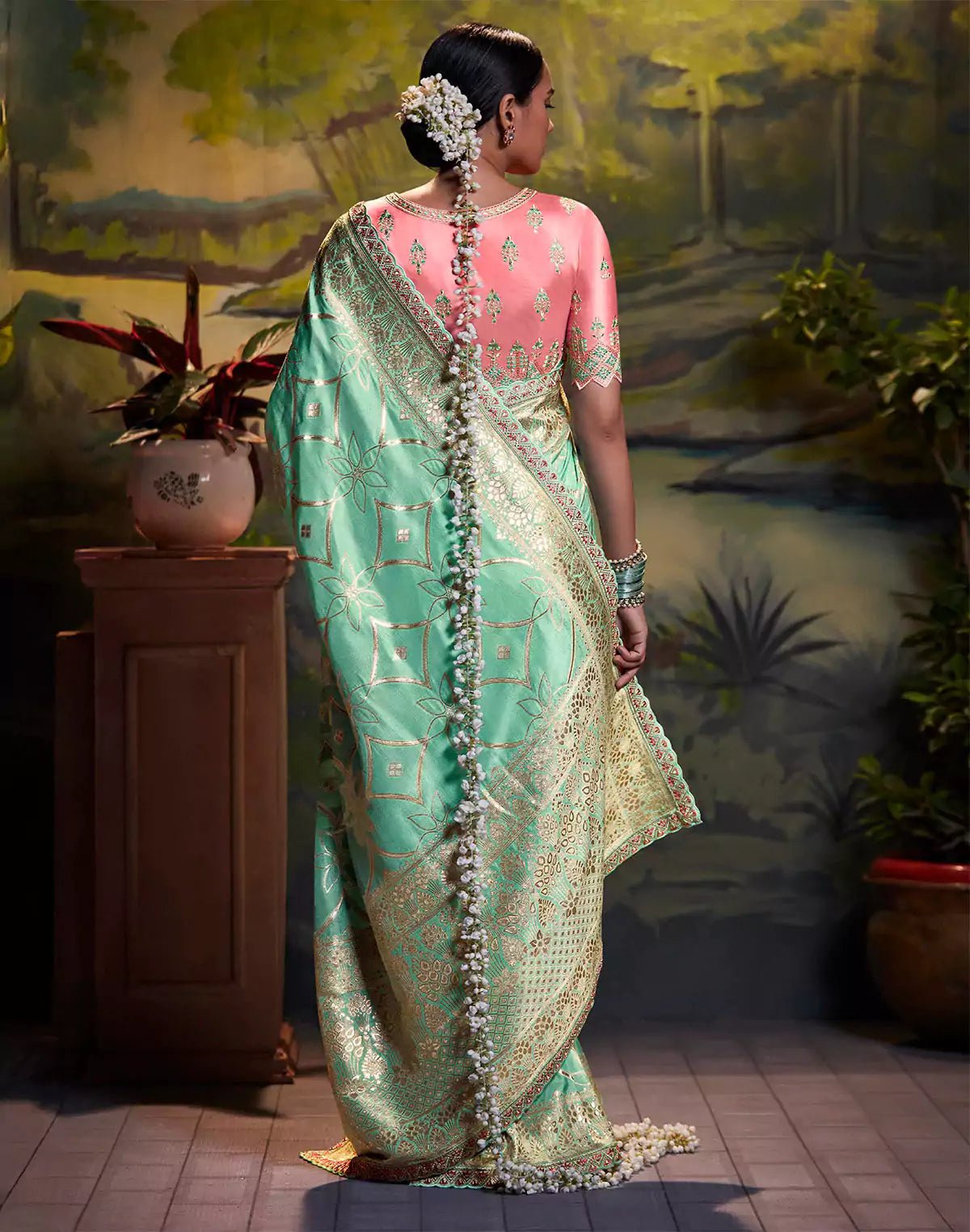 Image of Sea Green Pure Dola Silk Saree With Fancy Lace Border and Embroidery Work Blouse - South India Shopping Mall