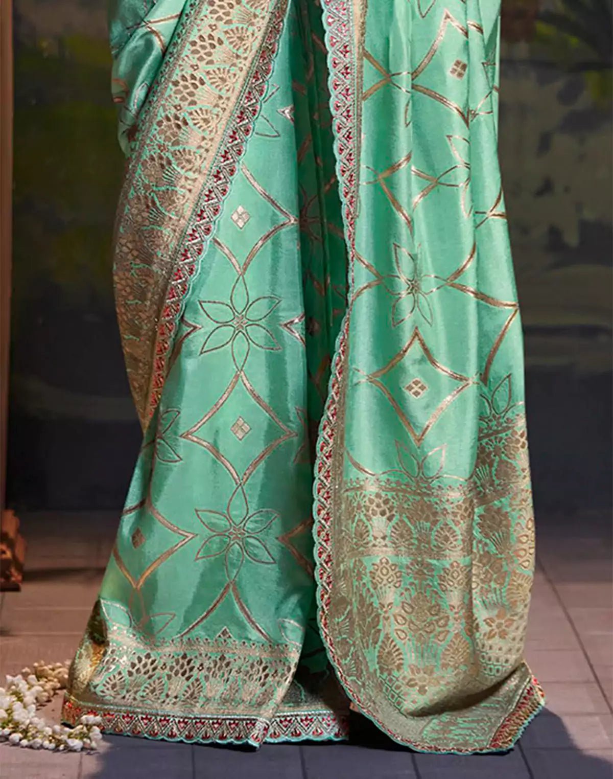 Image of Sea Green Pure Dola Silk Saree With Fancy Lace Border and Embroidery Work Blouse - South India Shopping Mall