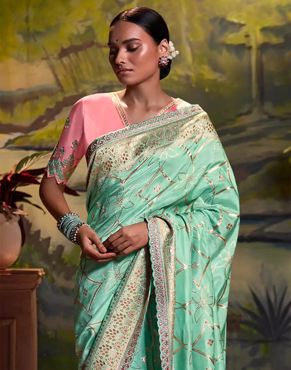 Sea Green Pure Dola Silk Saree With Fancy Lace Border and Embroidery Work Blouse - South India Shopping Mall