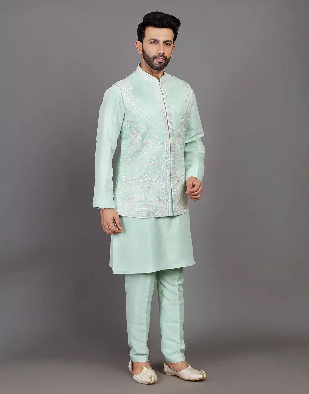 Image of Sea Green Raw Silk Thread & Embellished Kurta Jacket Set - South India Shopping Mall