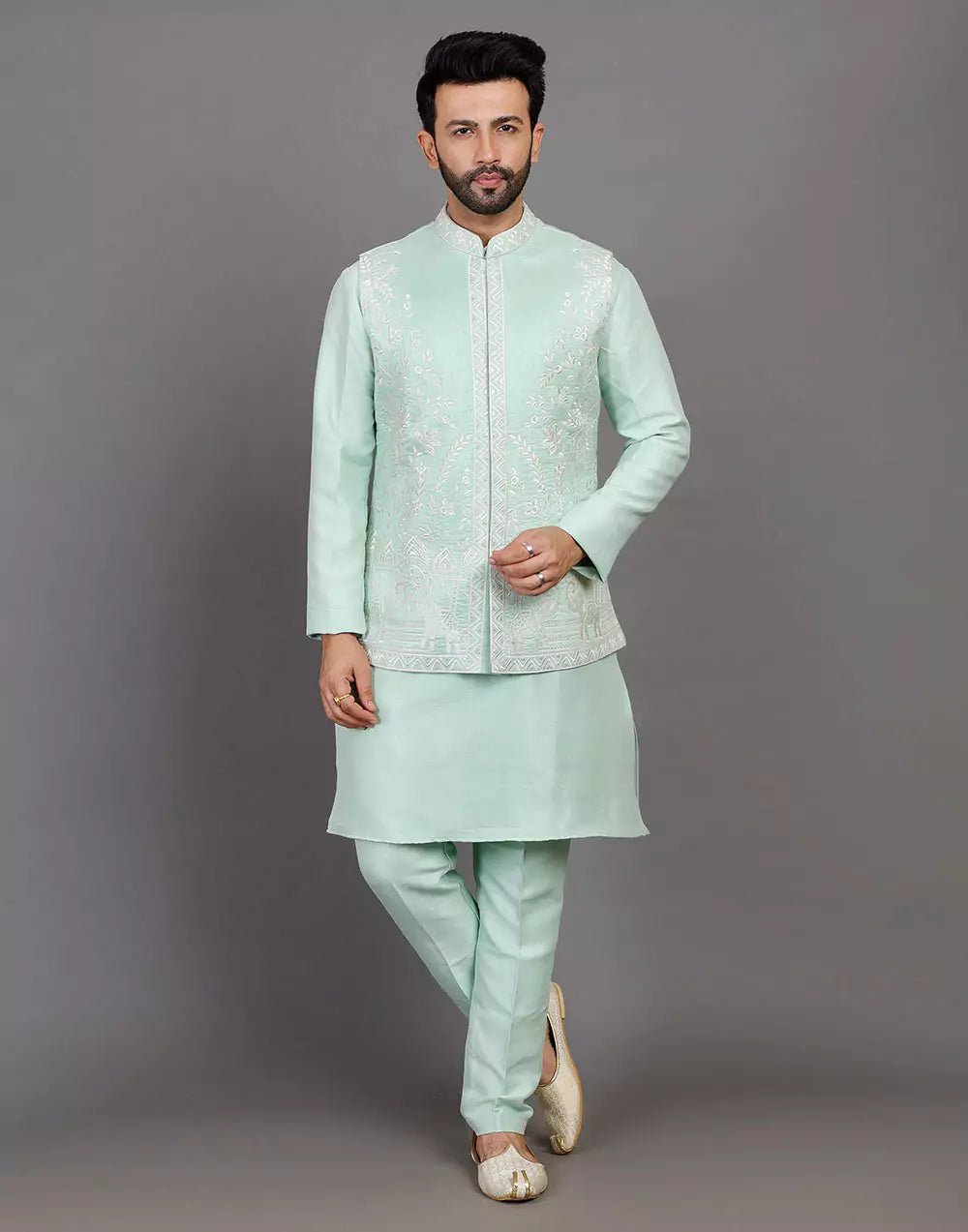 Image of Sea Green Raw Silk Thread & Embellished Kurta Jacket Set - South India Shopping Mall