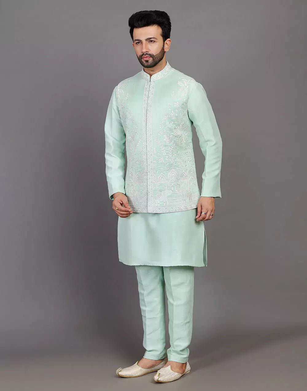 Image of Sea Green Raw Silk Thread & Embellished Kurta Jacket Set - South India Shopping Mall