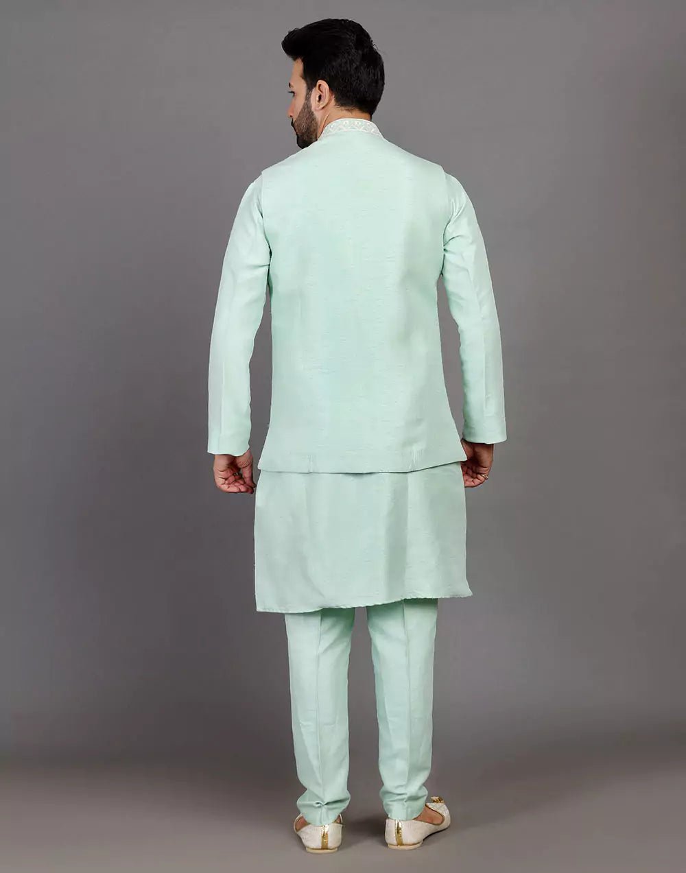 Image of Sea Green Raw Silk Thread & Embellished Kurta Jacket Set - South India Shopping Mall