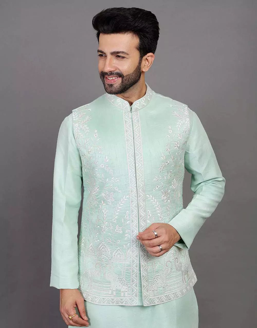 Image of Sea Green Raw Silk Thread & Embellished Kurta Jacket Set - South India Shopping Mall