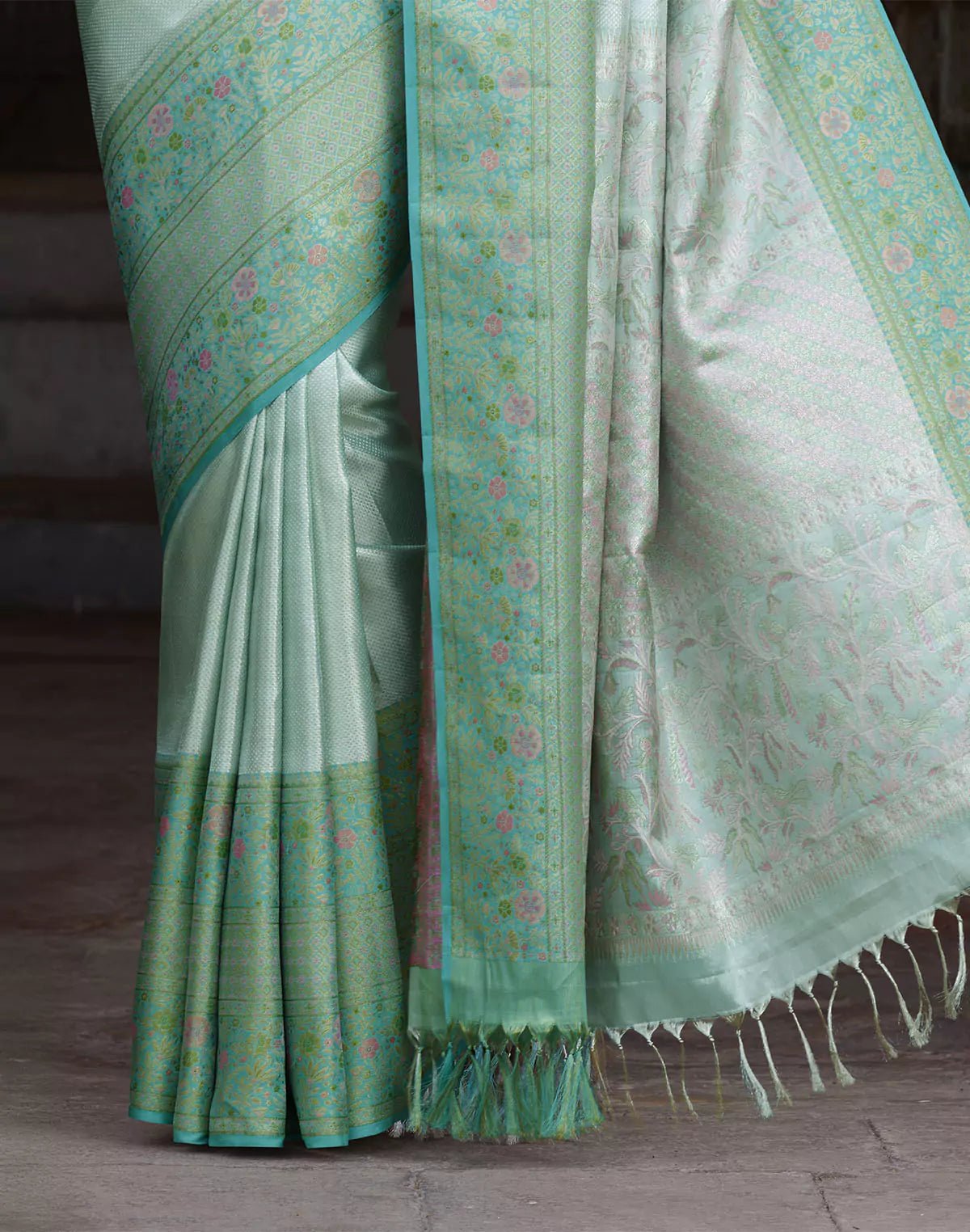Image of Sea Green Self Design Kanchipuram Pure Silk Saree - South India Shopping Mall