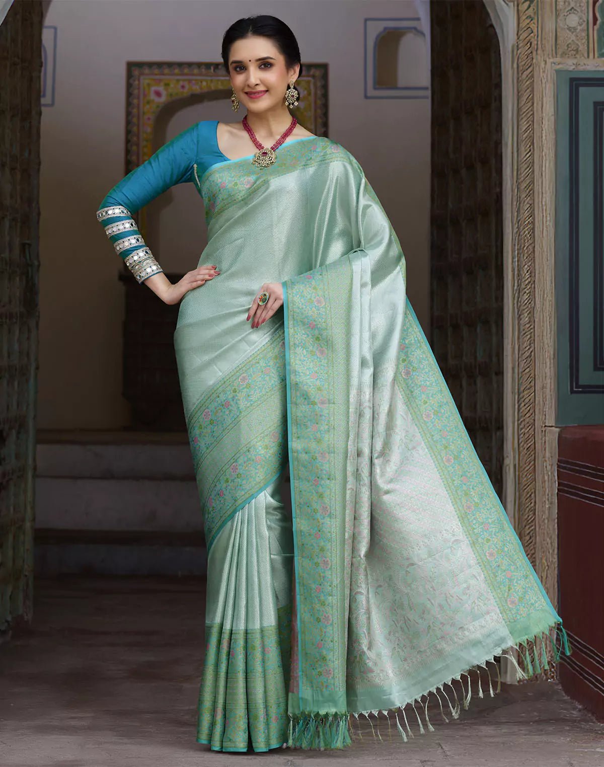 Sea Green Self Design Kanchipuram Pure Silk Saree - South India Shopping Mall