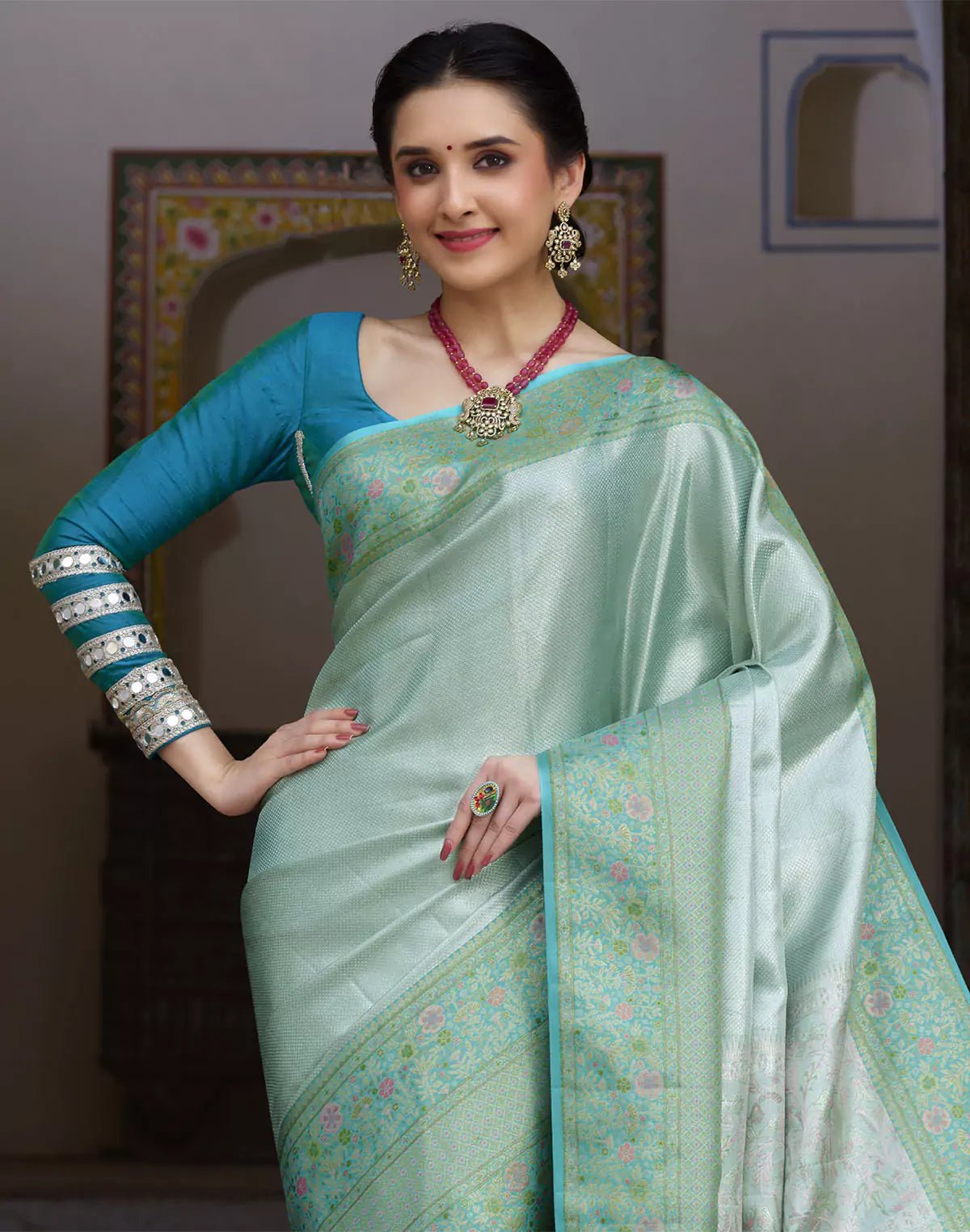 Image of Sea Green Self Design Kanchipuram Pure Silk Saree - South India Shopping Mall