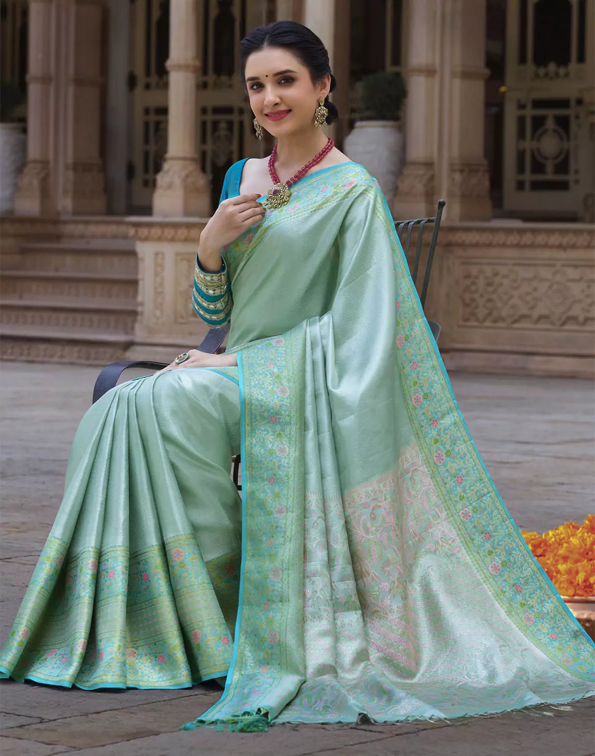 Image of Sea Green Self Design Kanchipuram Pure Silk Saree - South India Shopping Mall