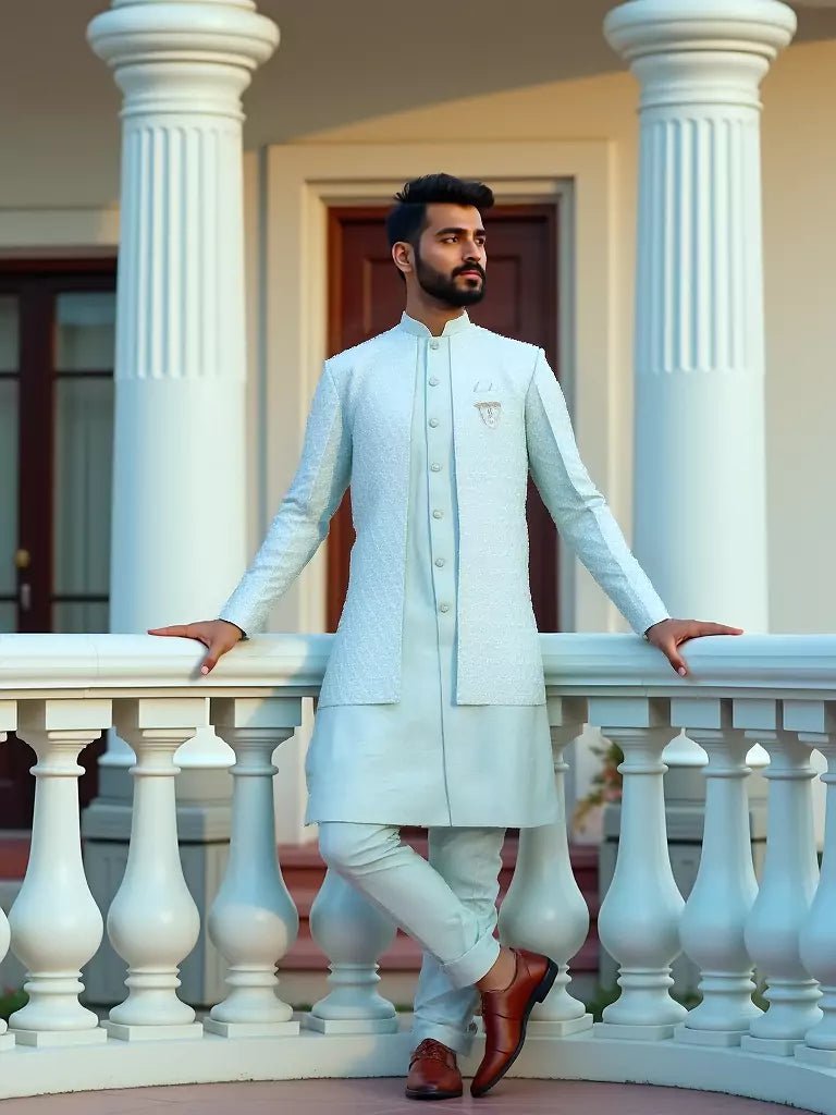 Image of Sea Green Self Patterned Giza Cotton Thread Work Kurta Jacket Set - South India Shopping Mall