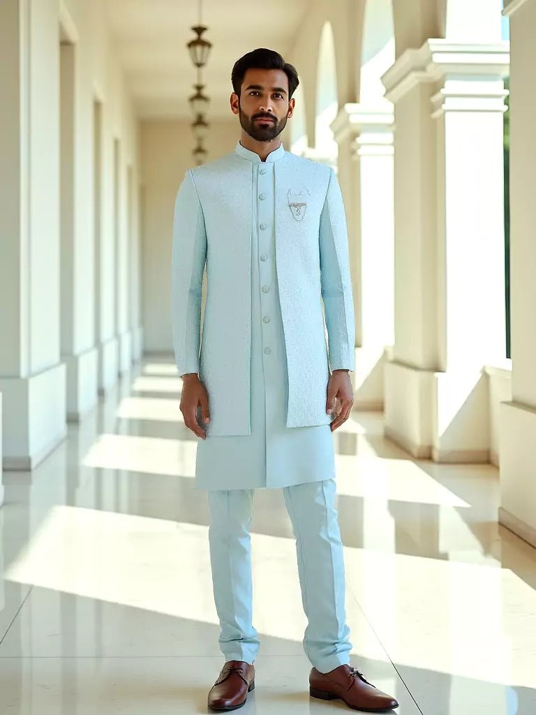 Image of Sea Green Self Patterned Giza Cotton Thread Work Kurta Jacket Set - South India Shopping Mall