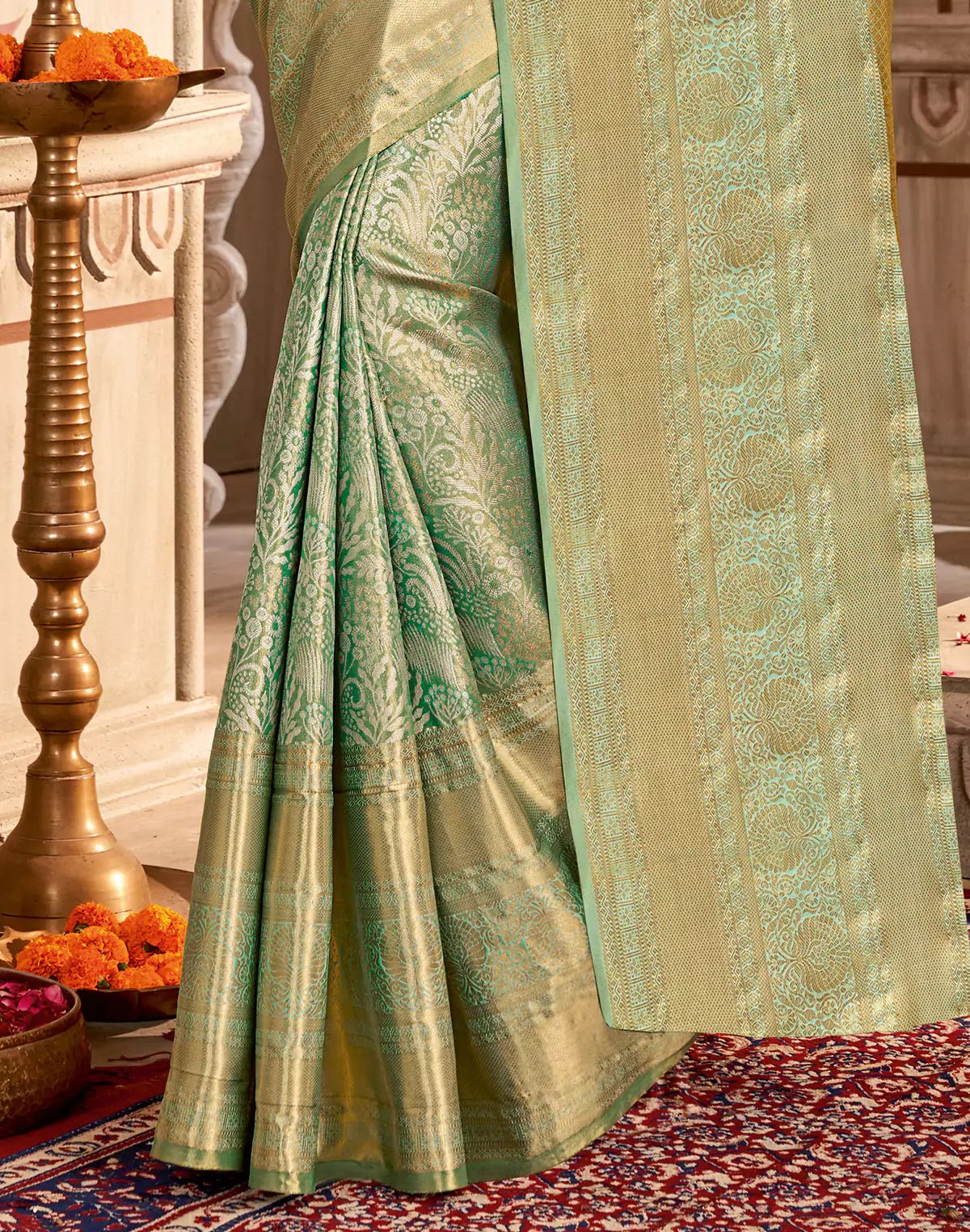 Image of Sea Green Semi Silk Tissue Floral Theme Design Self Saree - South India Shopping Mall