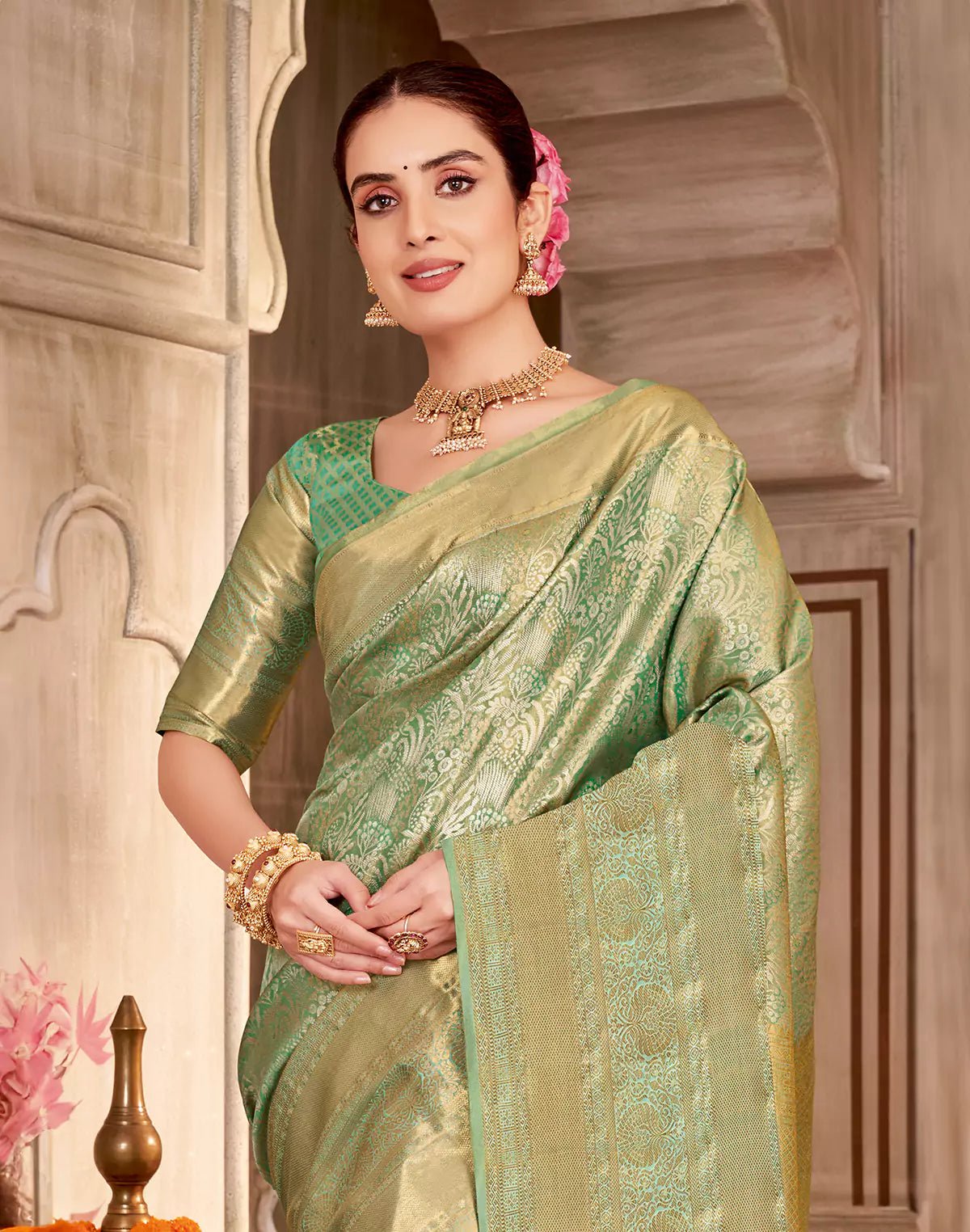 Image of Sea Green Semi Silk Tissue Floral Theme Design Self Saree - South India Shopping Mall