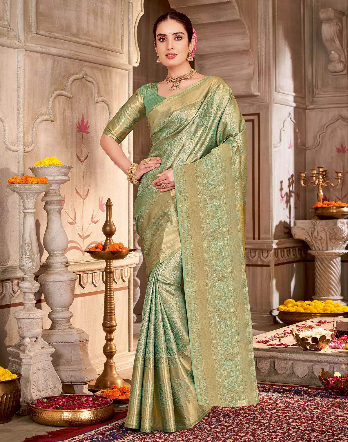 Image of Sea Green Semi Silk Tissue Floral Theme Design Self Saree - South India Shopping Mall
