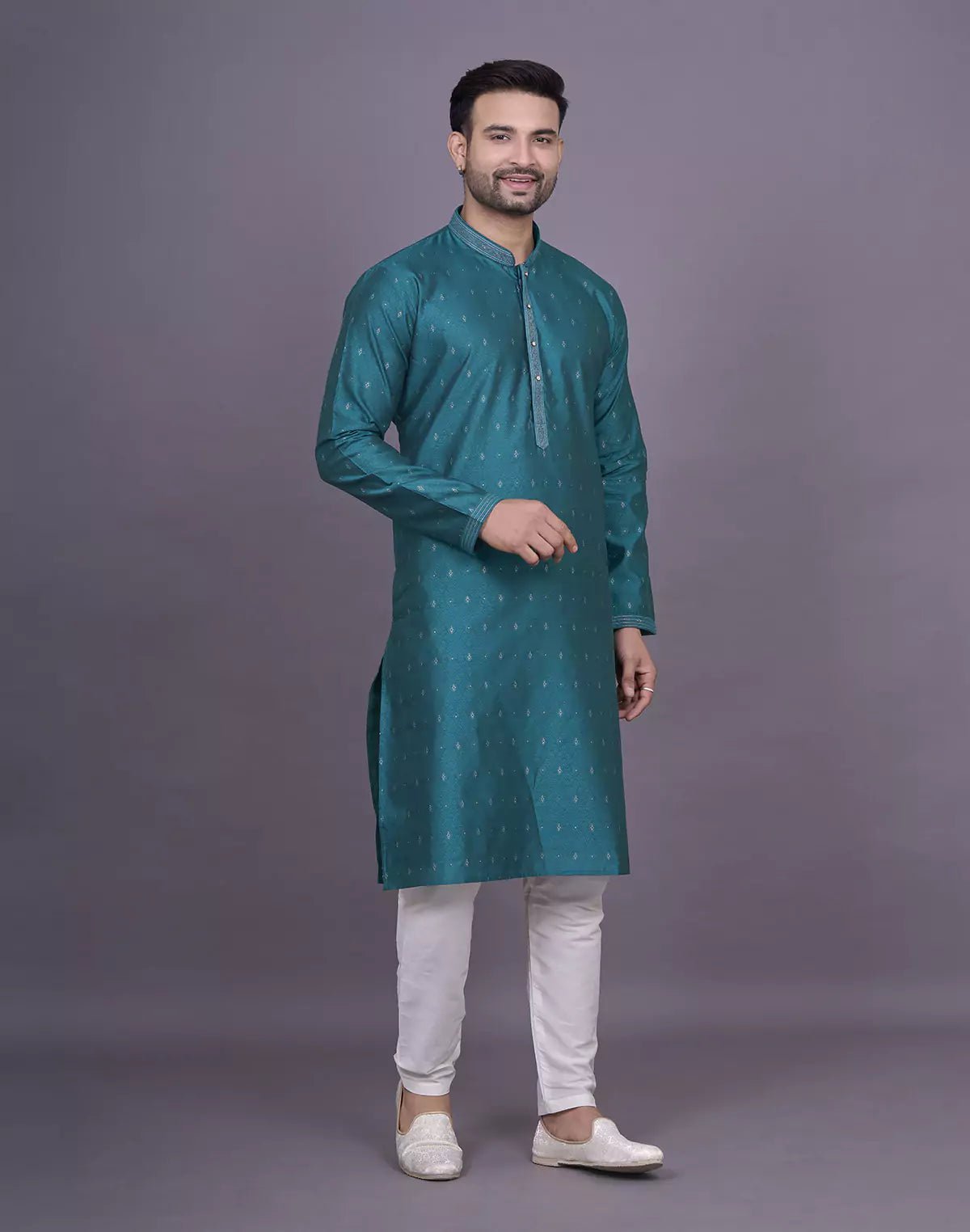 Image of Self Brocade Design Jacquard Rama Colour Kurta Pyjama Set - South India Shopping Mall