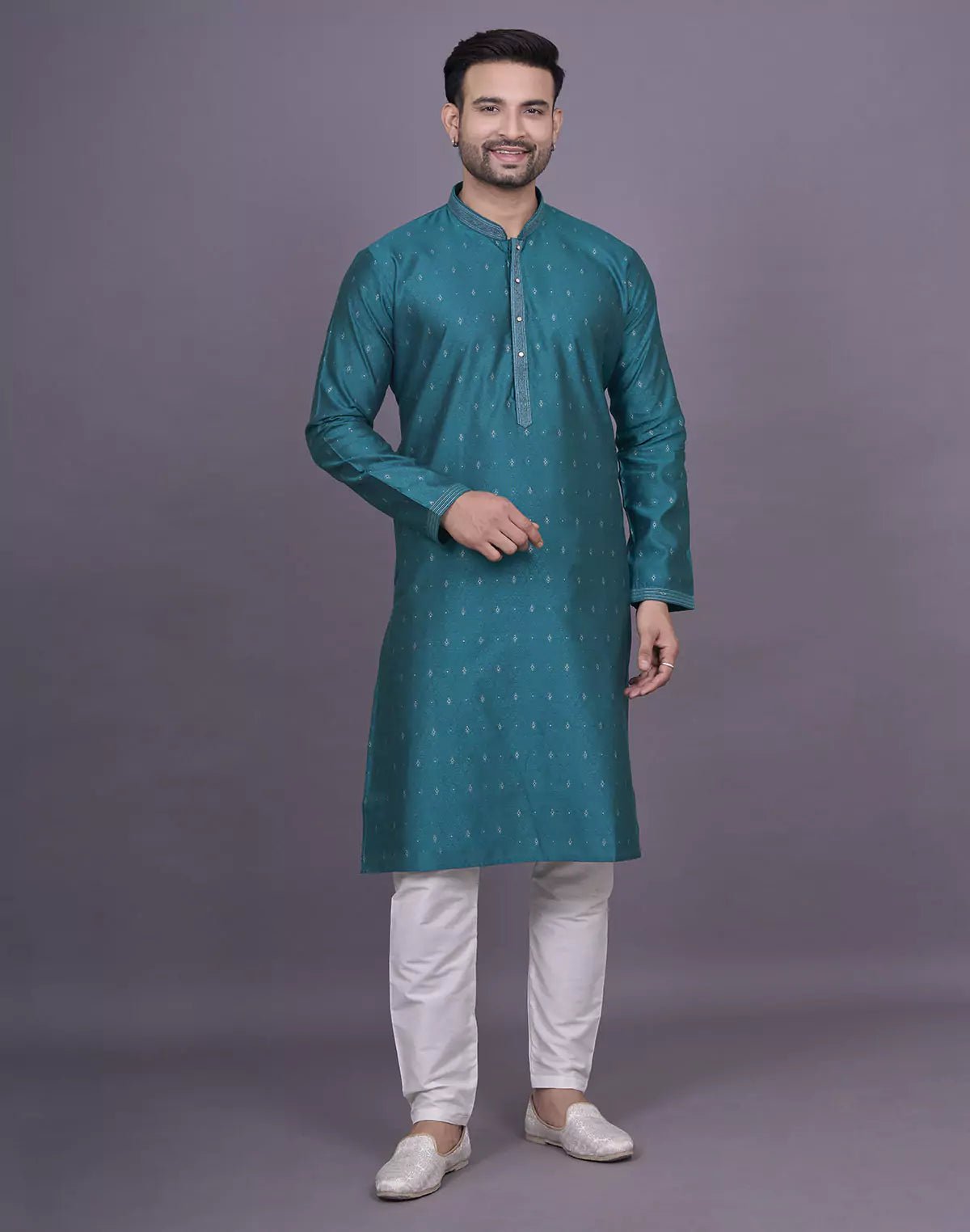 Image of Self Brocade Design Jacquard Rama Colour Kurta Pyjama Set - South India Shopping Mall