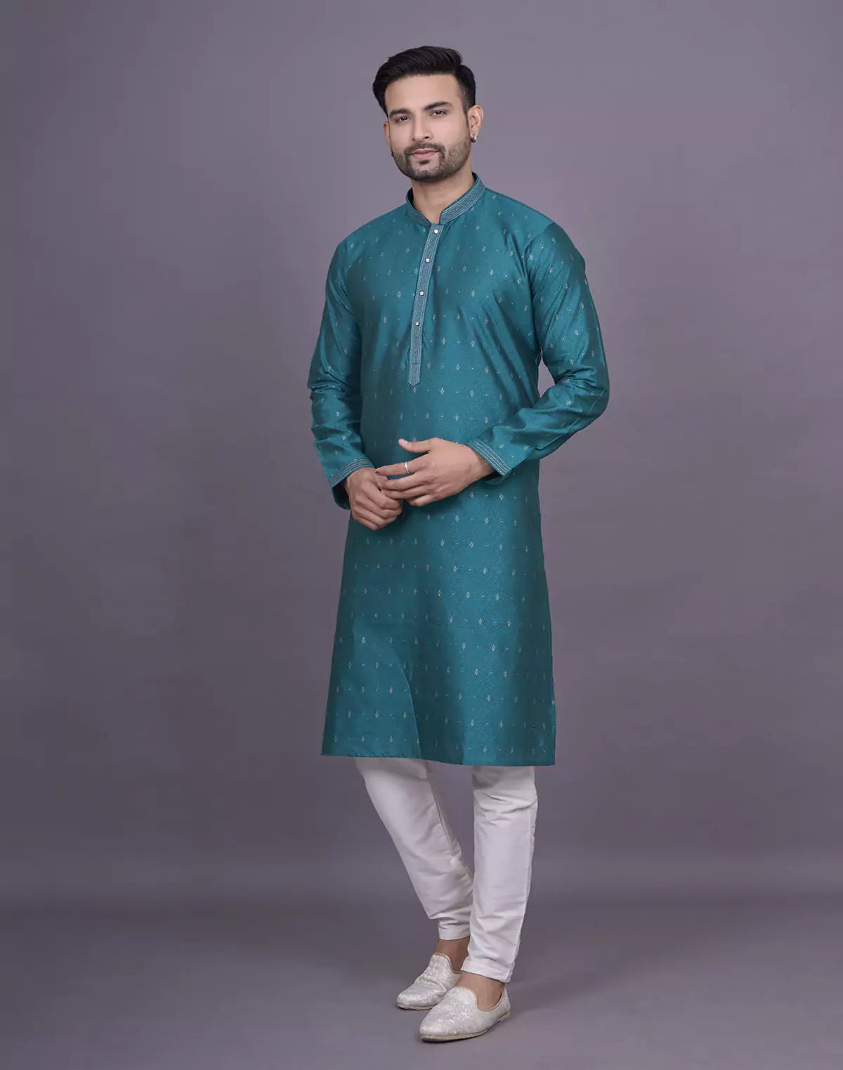 Image of Self Brocade Design Jacquard Rama Colour Kurta Pyjama Set - South India Shopping Mall