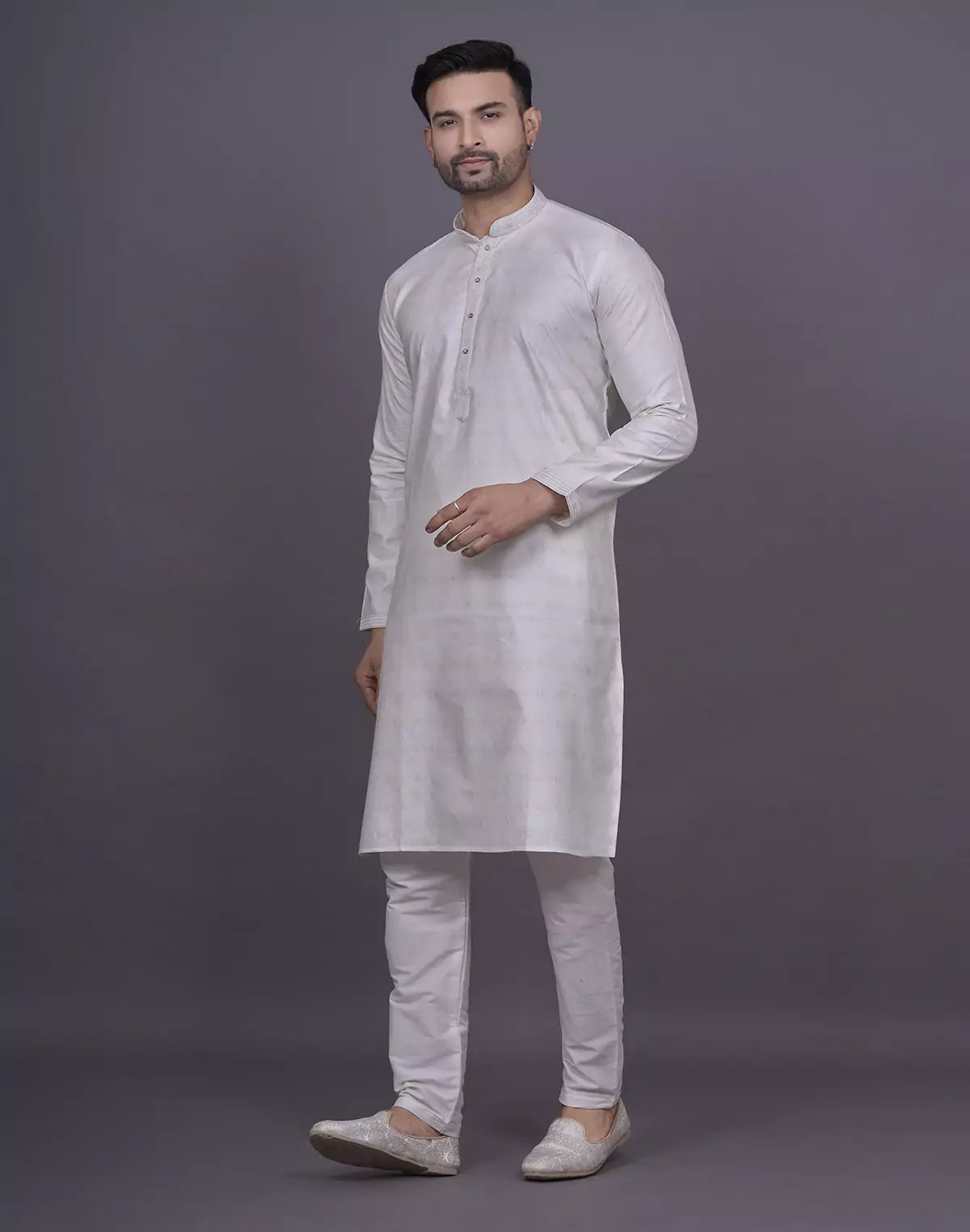 Image of Self Brocade Design Soft Silk Cream Kurta Pyjama Set - South India Shopping Mall