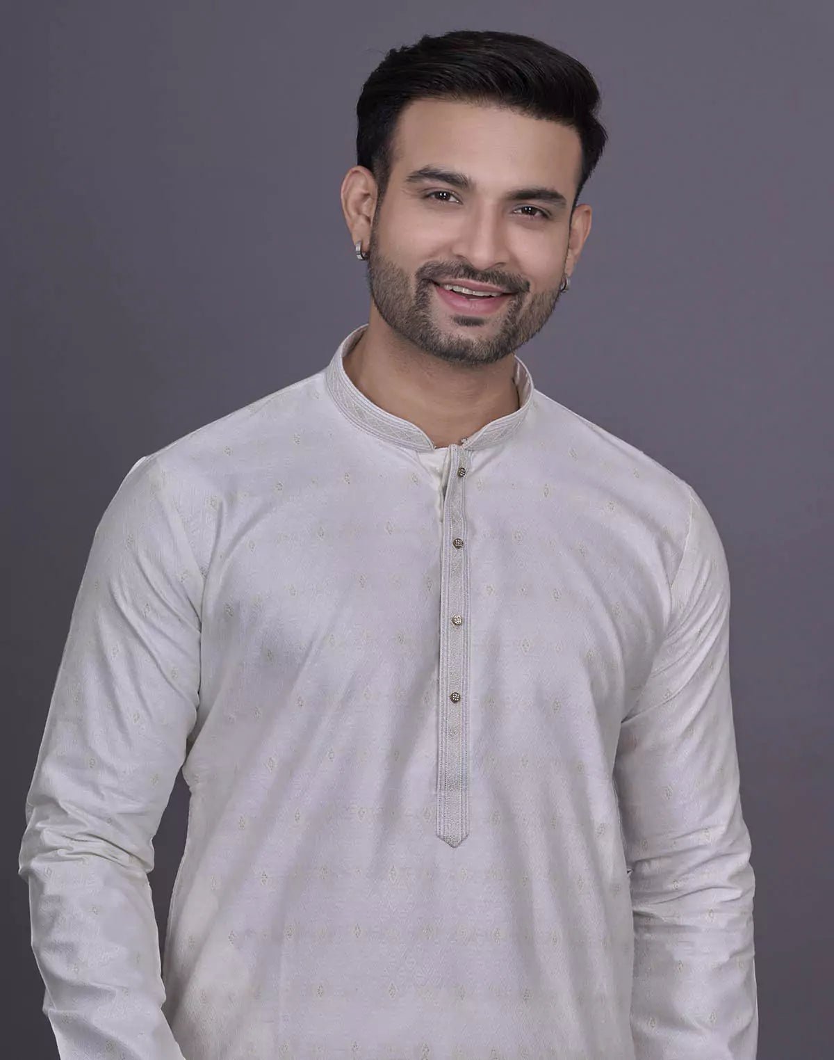 Image of Self Brocade Design Soft Silk Cream Kurta Pyjama Set - South India Shopping Mall