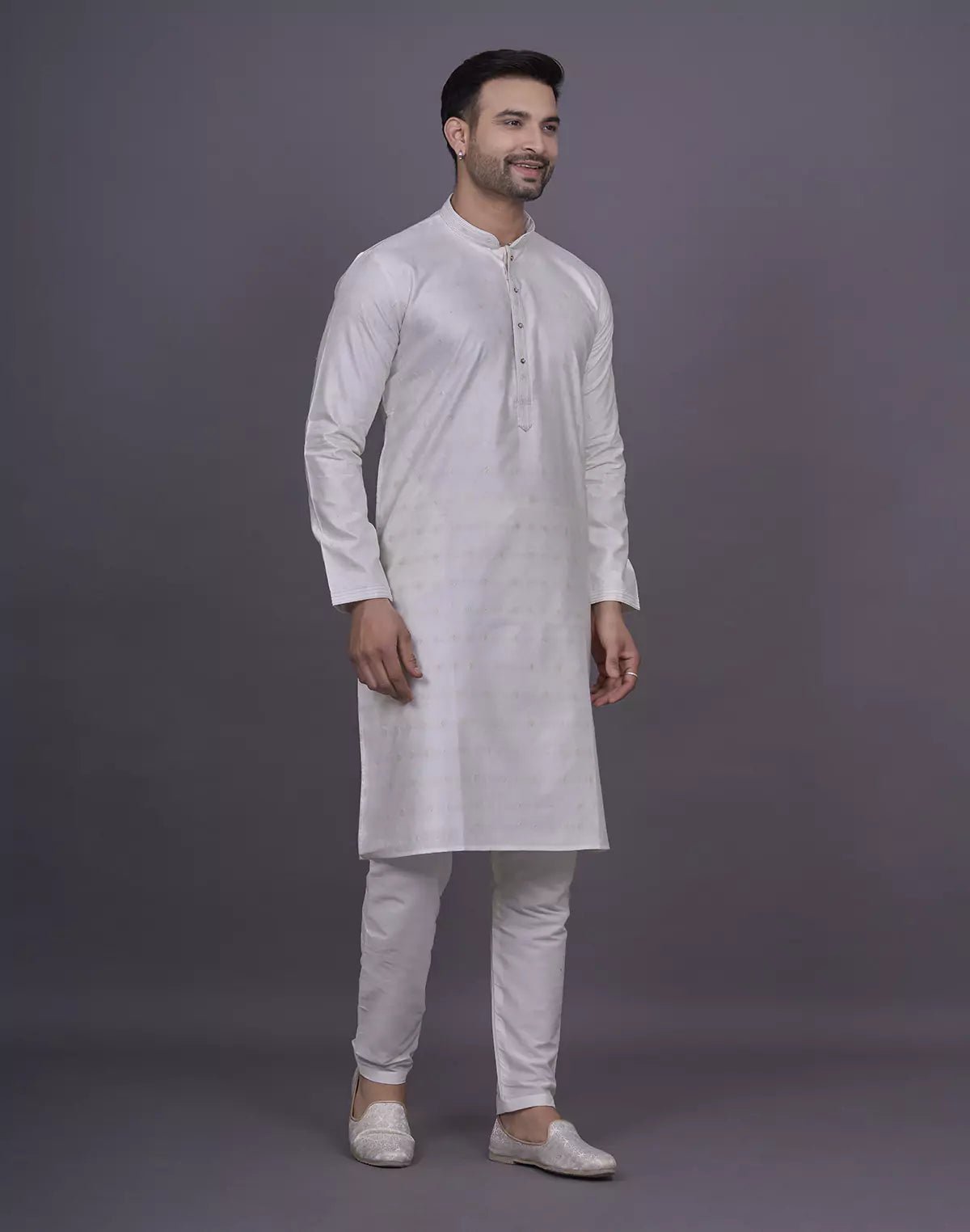 Image of Self Brocade Design Soft Silk Cream Kurta Pyjama Set - South India Shopping Mall