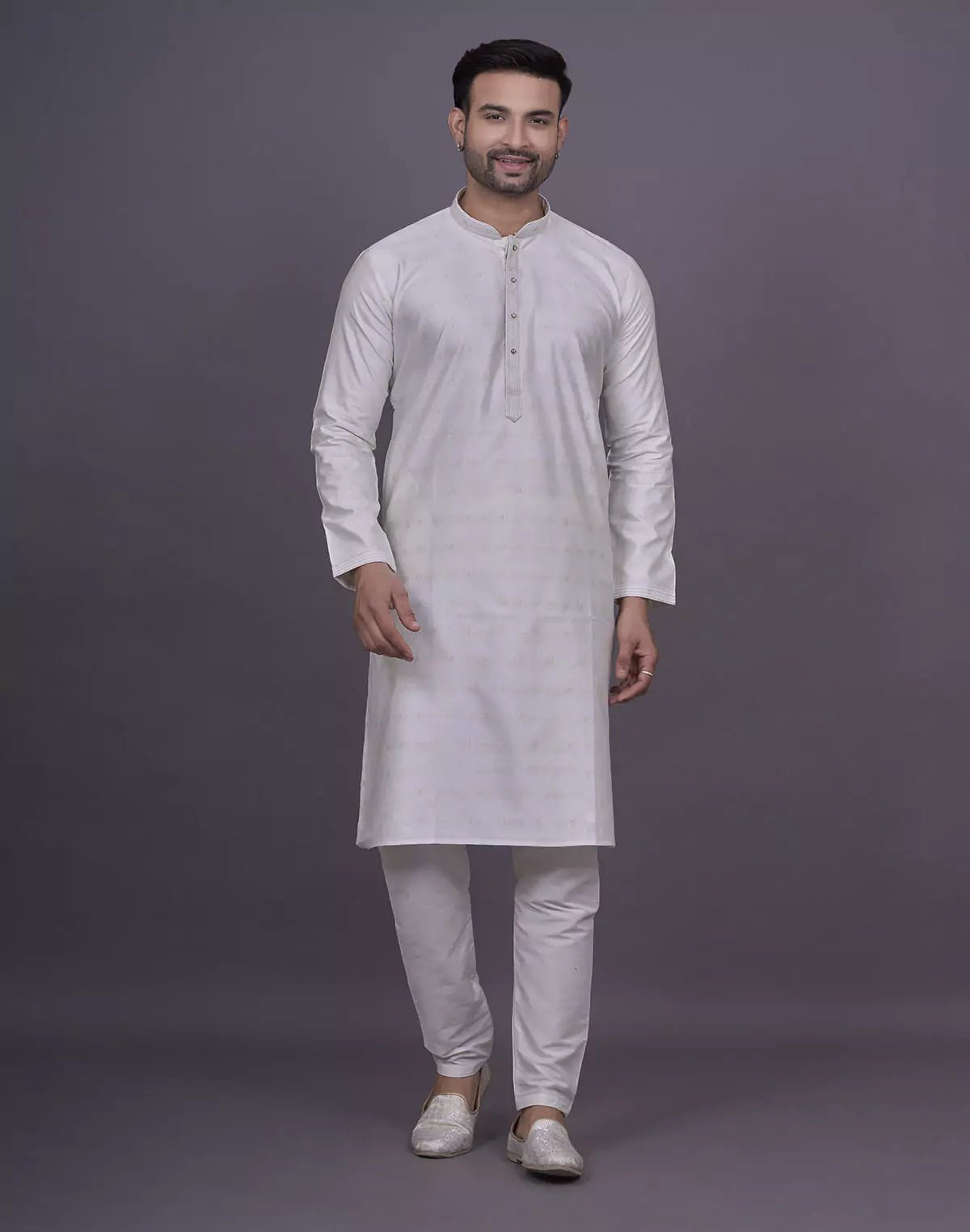 Image of Self Brocade Design Soft Silk Cream Kurta Pyjama Set - South India Shopping Mall
