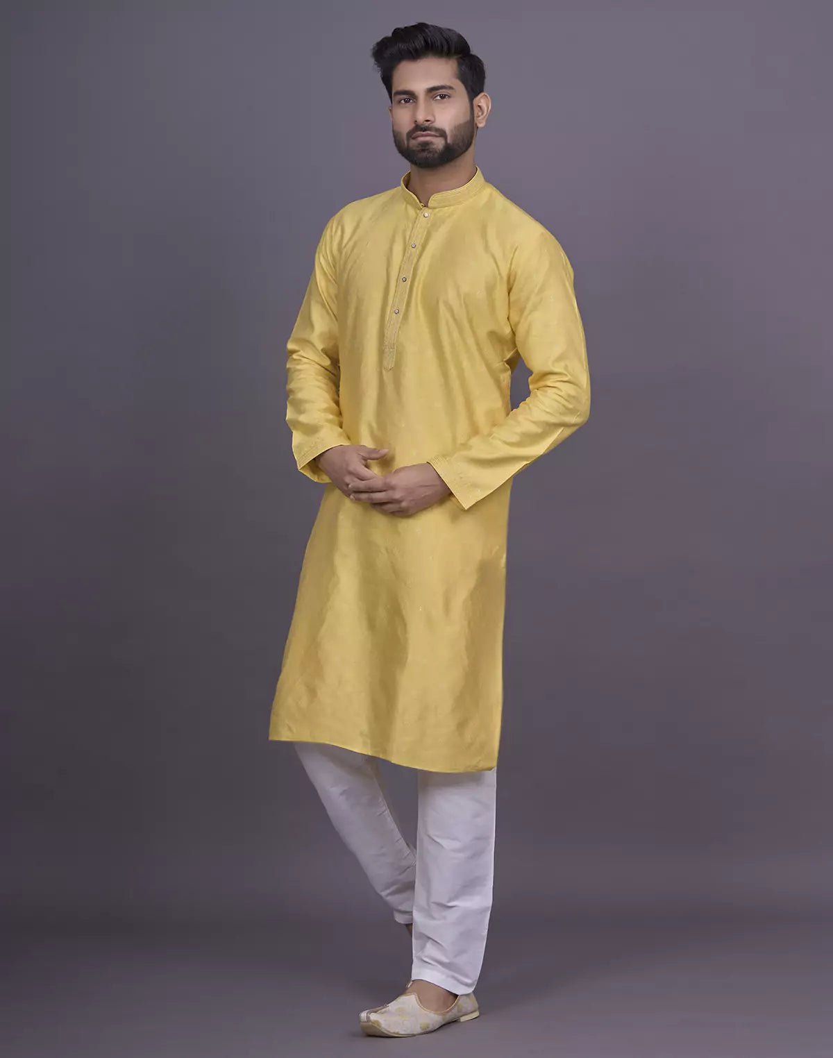 Image of Self Brocade Design Soft Silk Yellow Kurta Pyjama Set - South India Shopping Mall