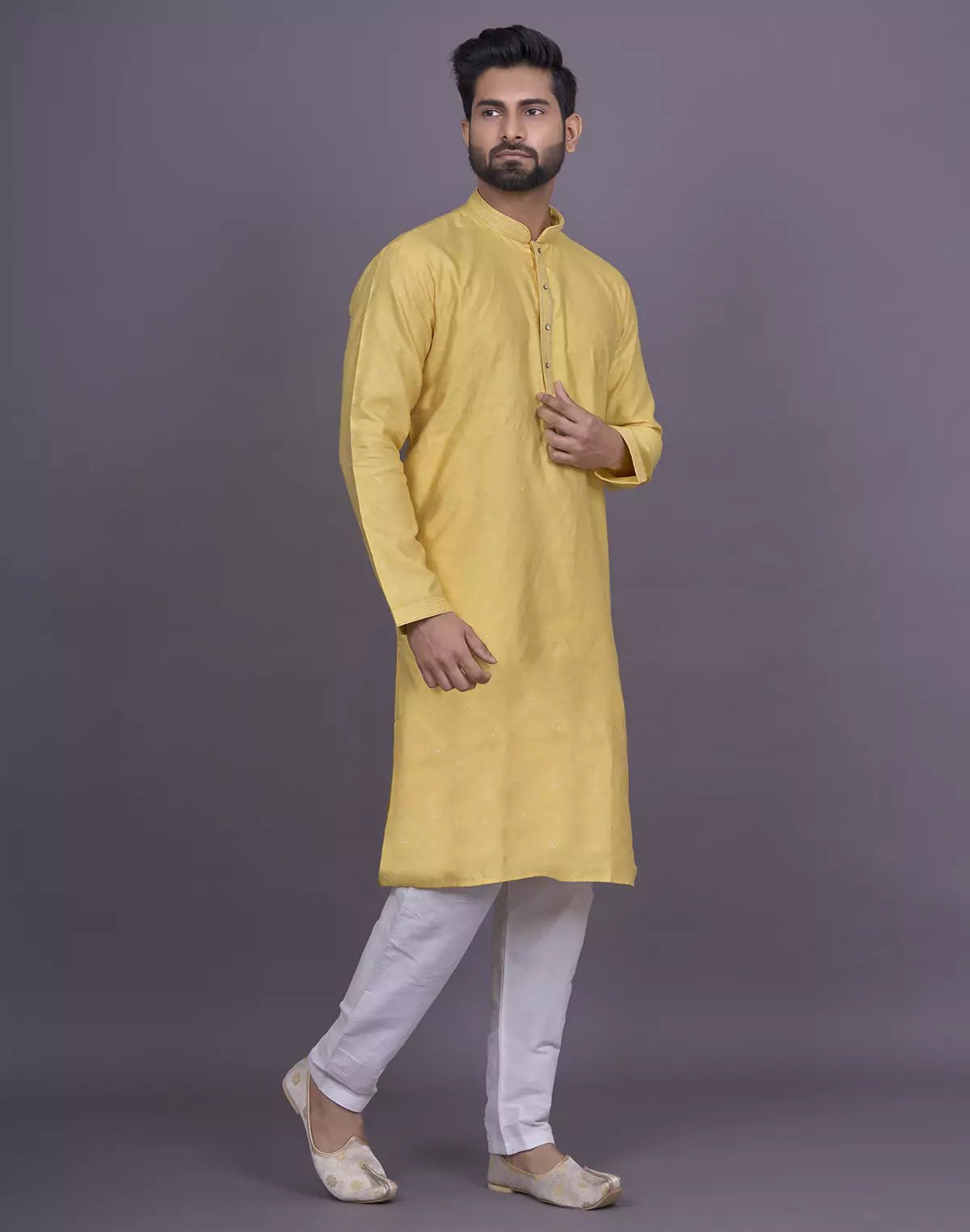 Image of Self Brocade Design Soft Silk Yellow Kurta Pyjama Set - South India Shopping Mall