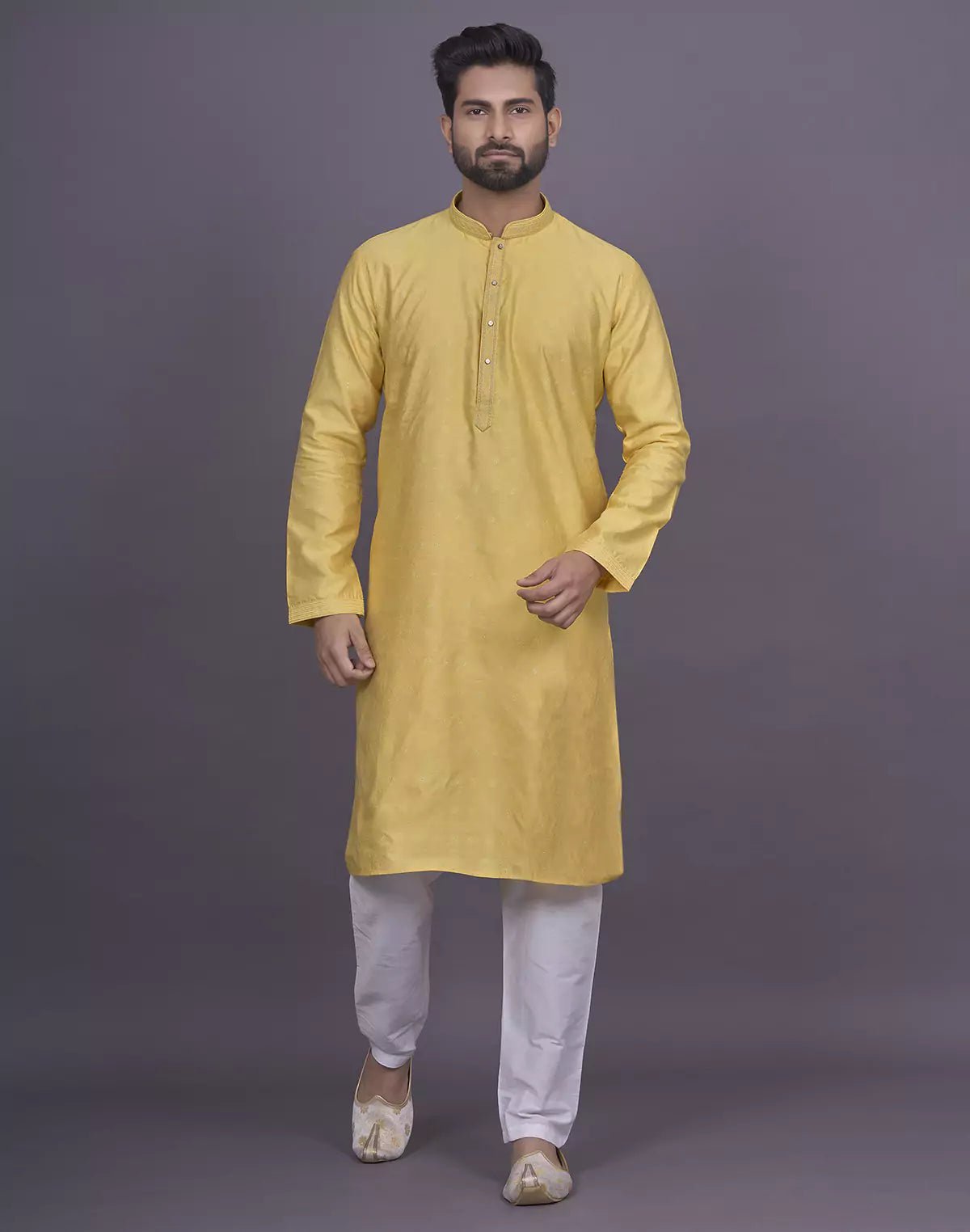 Image of Self Brocade Design Soft Silk Yellow Kurta Pyjama Set - South India Shopping Mall