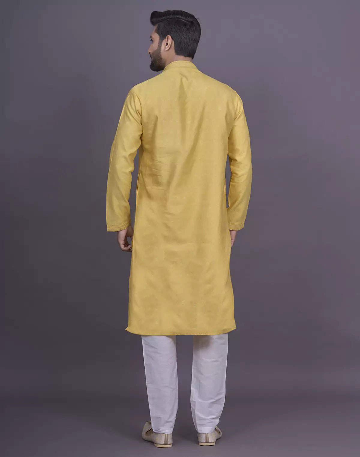 Image of Self Brocade Design Soft Silk Yellow Kurta Pyjama Set - South India Shopping Mall