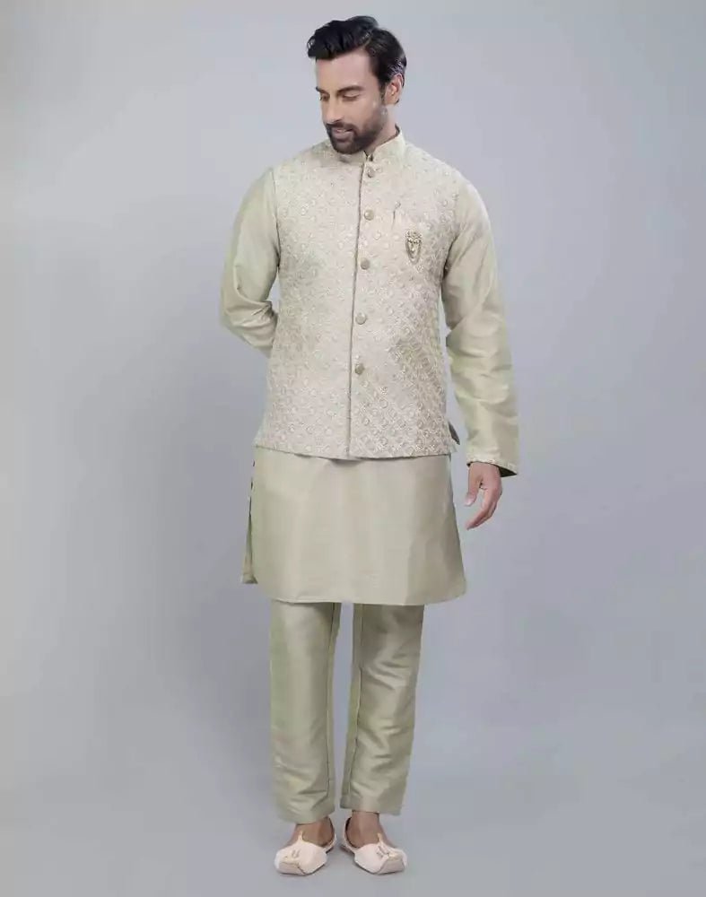 Image of Self Brocade Design With Soft Silk Kurta Jacket Set - South India Shopping Mall