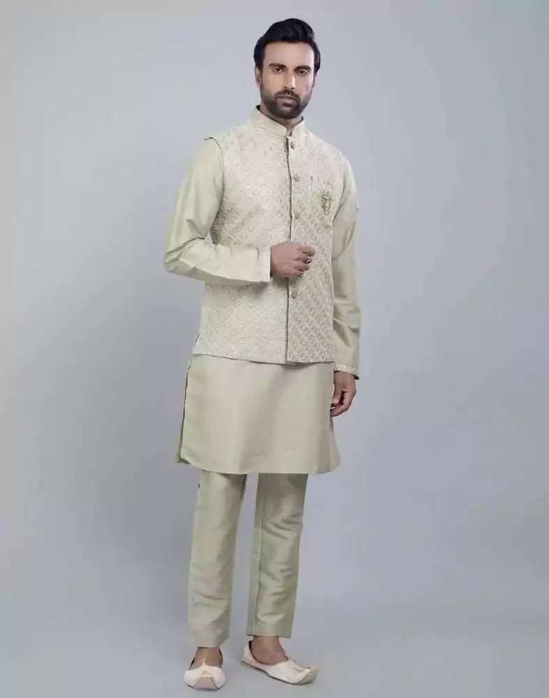 Image of Self Brocade Design With Soft Silk Kurta Jacket Set - South India Shopping Mall