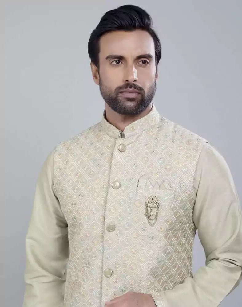 Image of Self Brocade Design With Soft Silk Kurta Jacket Set - South India Shopping Mall