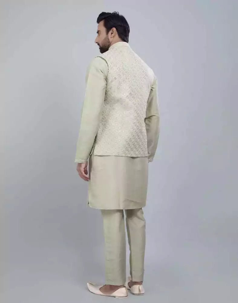 Image of Self Brocade Design With Soft Silk Kurta Jacket Set - South India Shopping Mall
