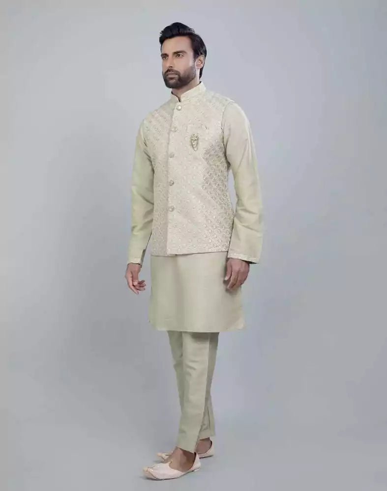 Image of Self Brocade Design With Soft Silk Kurta Jacket Set - South India Shopping Mall
