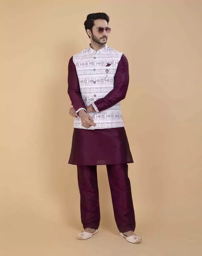 Image of Self Brocade With Printed Soft Silk Kurta Jacket Set - South India Shopping Mall