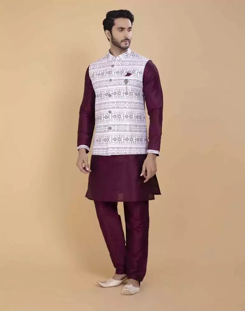 Image of Self Brocade With Printed Soft Silk Kurta Jacket Set - South India Shopping Mall