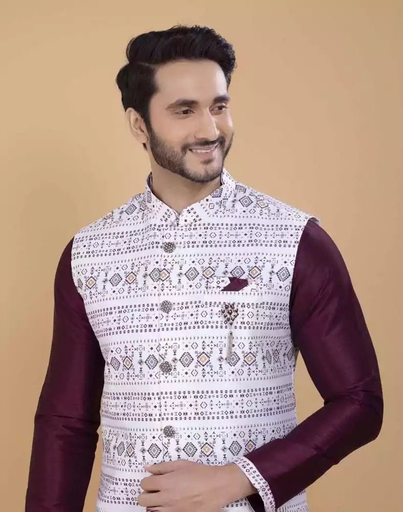 Image of Self Brocade With Printed Soft Silk Kurta Jacket Set - South India Shopping Mall