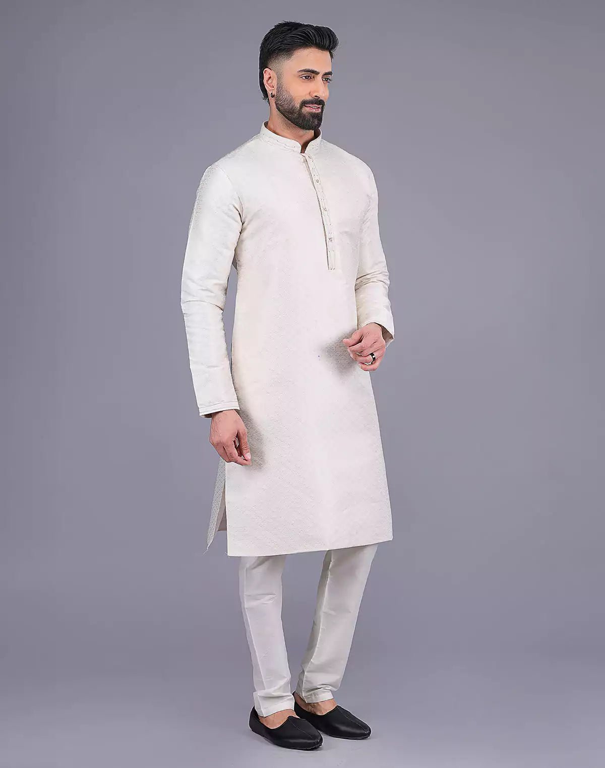 Image of Self Design Cream Colour Soft Silk Stones work Kurta Pyjama Set - South India Shopping Mall