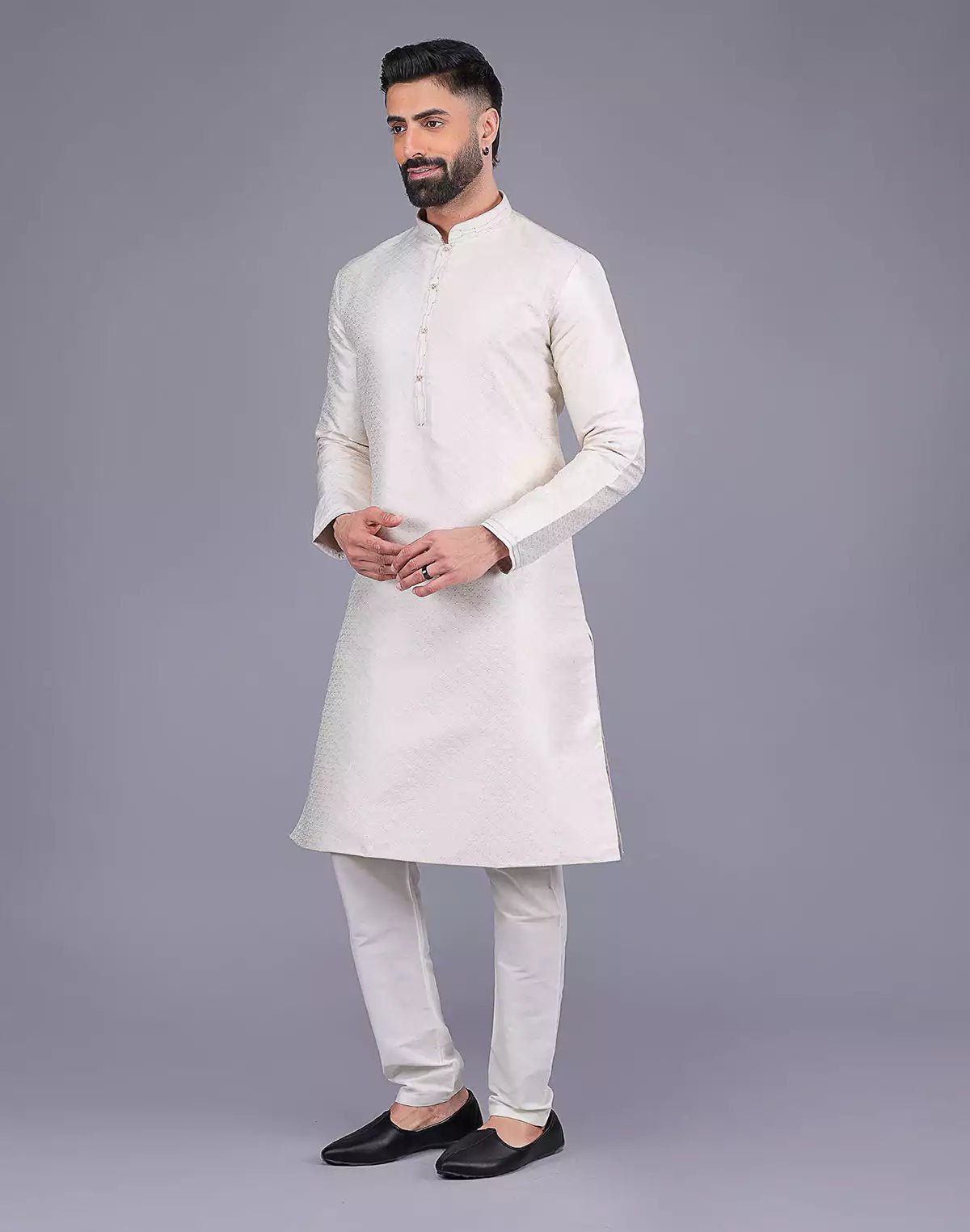 Image of Self Design Cream Colour Soft Silk Stones work Kurta Pyjama Set - South India Shopping Mall