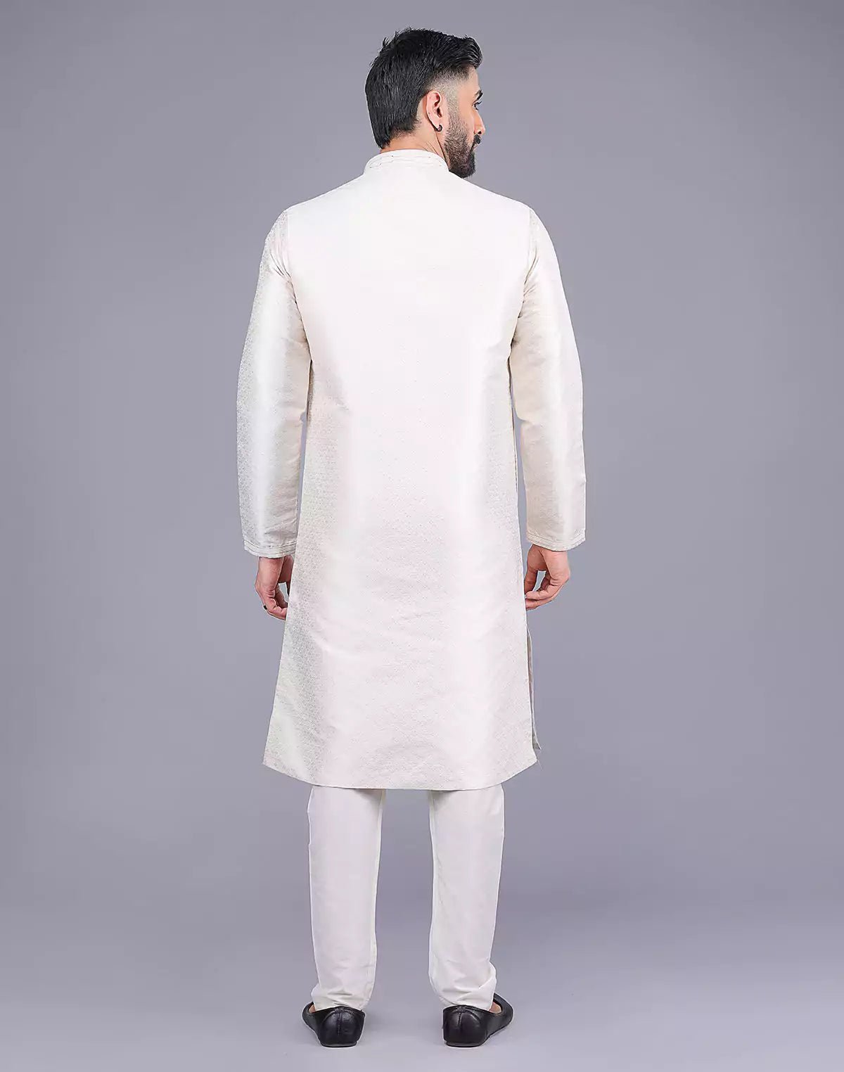 Image of Self Design Cream Colour Soft Silk Stones work Kurta Pyjama Set - South India Shopping Mall